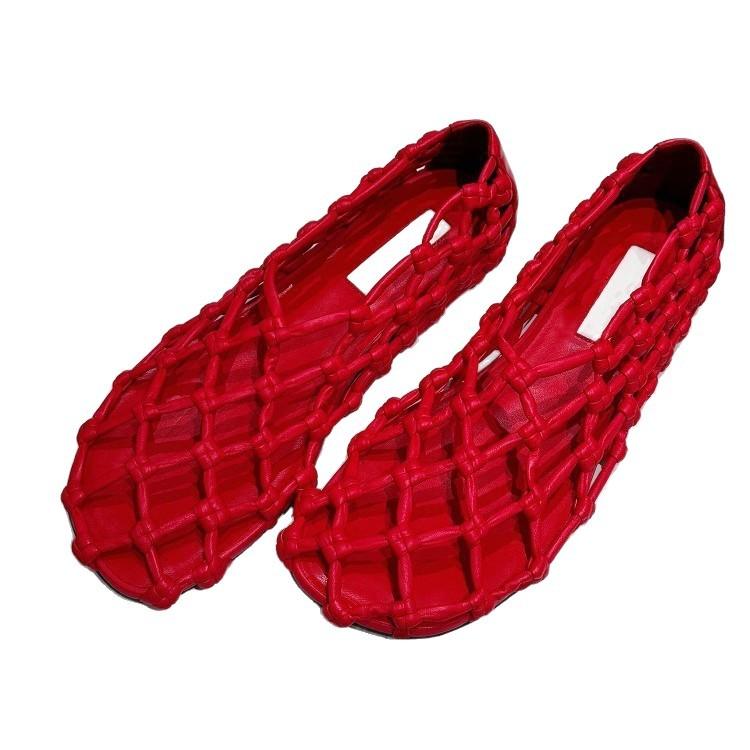 Fårskinnsversion~ Fransvävt mesh ihålig platt botten rund tå sommarsandaler mode grisbursskor röd