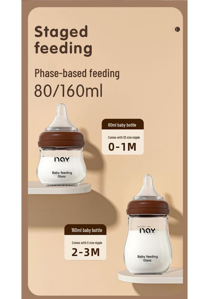 Nuoxin Baby Anti-Choke Borosilicate Glass Feeding Bottle for Newborns, Anti-Bloating, Medium Size.