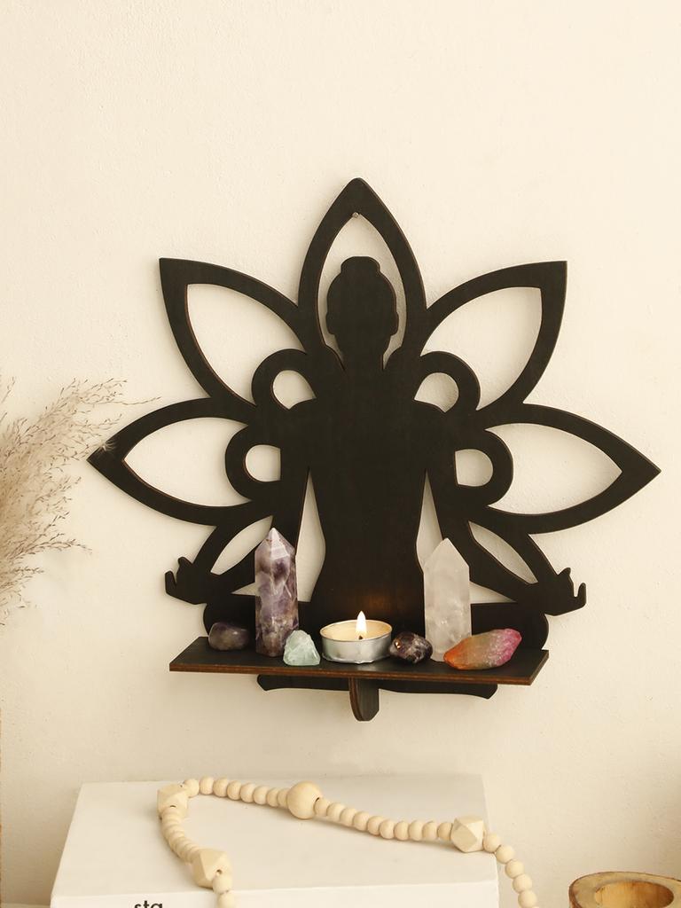 Scaffale da Parete in Legno Buddha Decorazione Casa Boho Supporto Espositore Pietra di Cristallo Loto Decorazioni per la Stanza Estetica per Soggiorno Arte da Parete