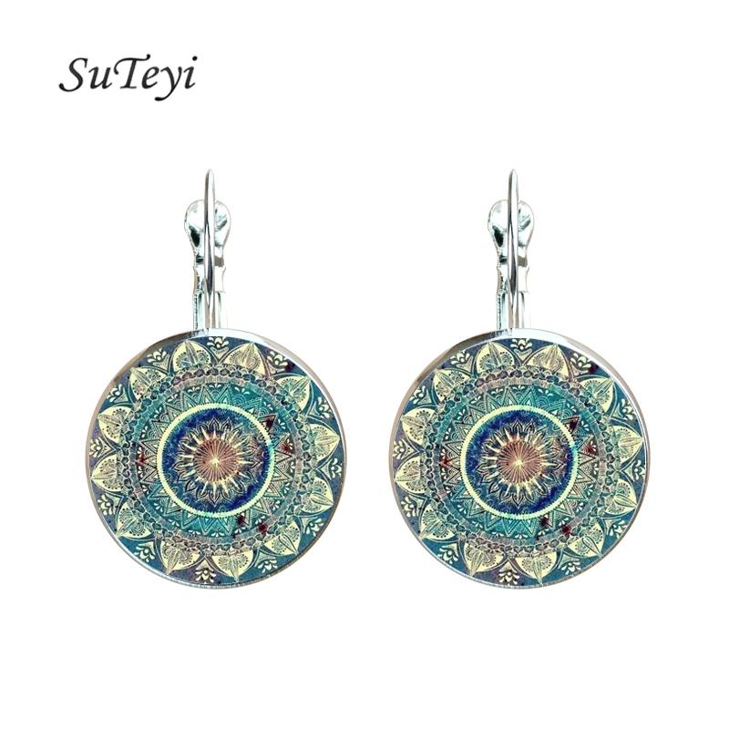 SUTEYI Boho Mandala Art Picture Earrings Vintage Henna Yoga Om Symbol Zen Buddhism Glass Dome Earrings For Women Jewellery