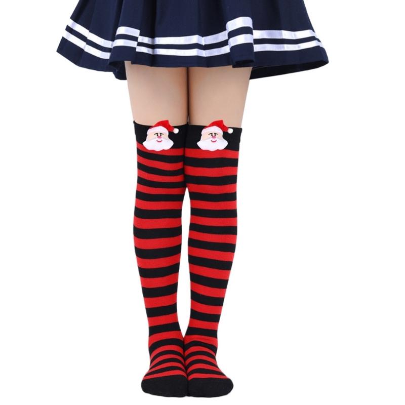 Cartoon Santa Christmas Stockings for 6-10Y Children Over the Knee Socks for Little Girls Unisex Winter Striped Socks