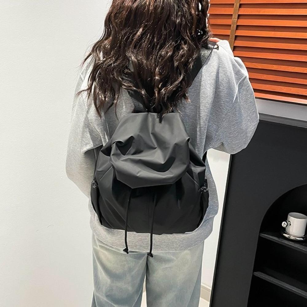 Flap Nylon Backpack Pleated Sports Shoulders Bag Casual Drawstring Backpack  Girls