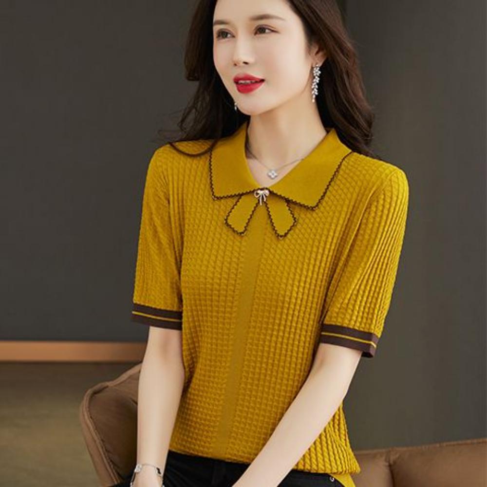 

Summer Ice Silk Short Sleeved T-shirt Women s Thin POLO Collar Top New Fashionable Doll Collar Knitted Shirt S бежевий