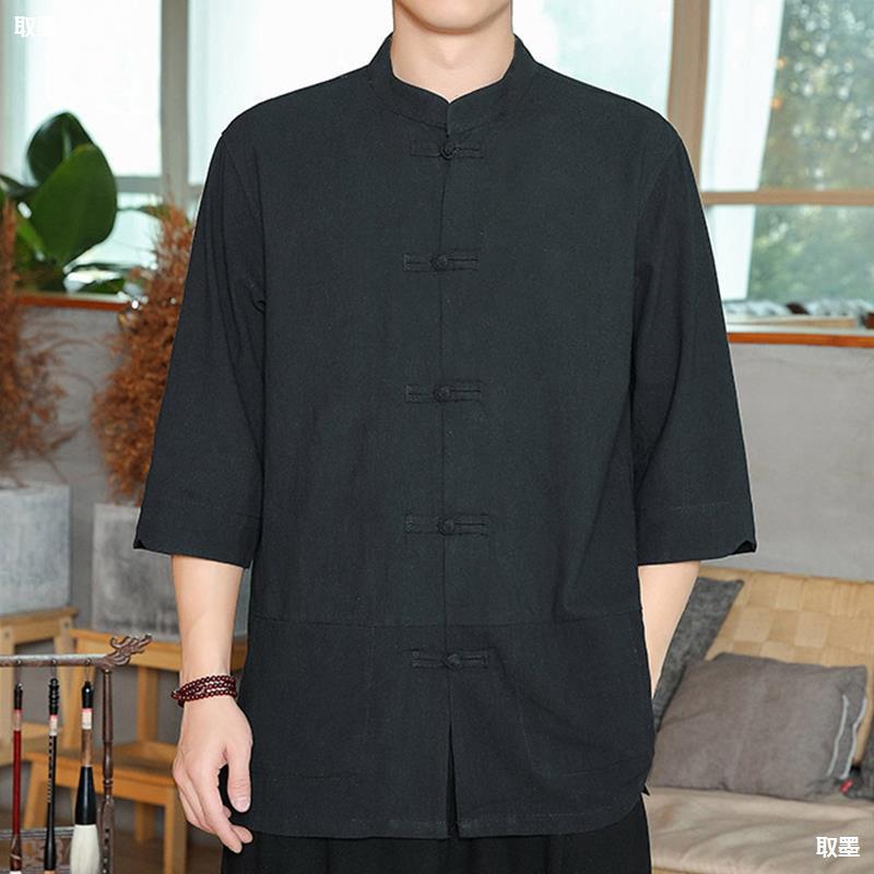 Cotton Linen Men's Shirt Five-Quarter Sleeve Breathable Sweat Loose Fit Collarless Short Sleeve