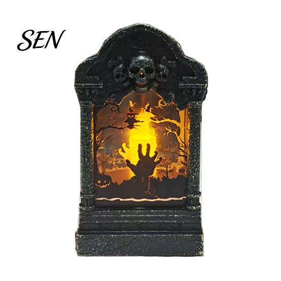 Spooky Festival Gift Tombstone Candle Lantern, LED Lighted Graveyard Table Lamp, Halloween Secret Room Escape Decor Small Night Light for Haunted