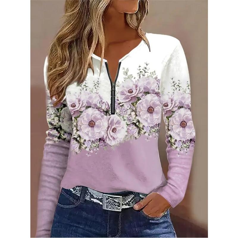 Women's T Shirt Quarter Zip Long Sleeve Casual Graphic Tribal Vintage Bohemia Tropical Hawaiian V Neck