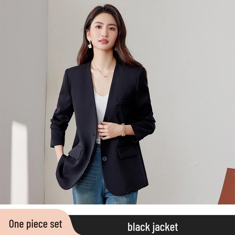 

Женский 2025 Весна/Осень Черный Блейзер без воротника с V-образным вырезом - Повседневный Костюм Маленького Размера Высокого Класса XXL
