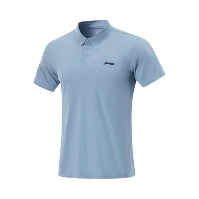 Polo de Manga Curta Li Ning Respirável Cor Sólida Logo Masculino tops Ciano-Cinza-Azul APLV039-8