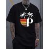 European Size Men's Crew Neck T-Shirt Black Palm Tree and Letter P Print Casual Summer Wear