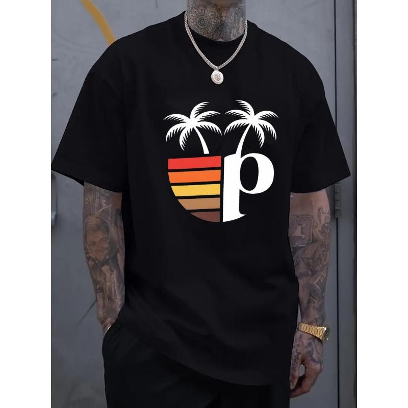 European Size Men's Crew Neck T-Shirt Black Palm Tree and Letter P Print Casual Summer Wear