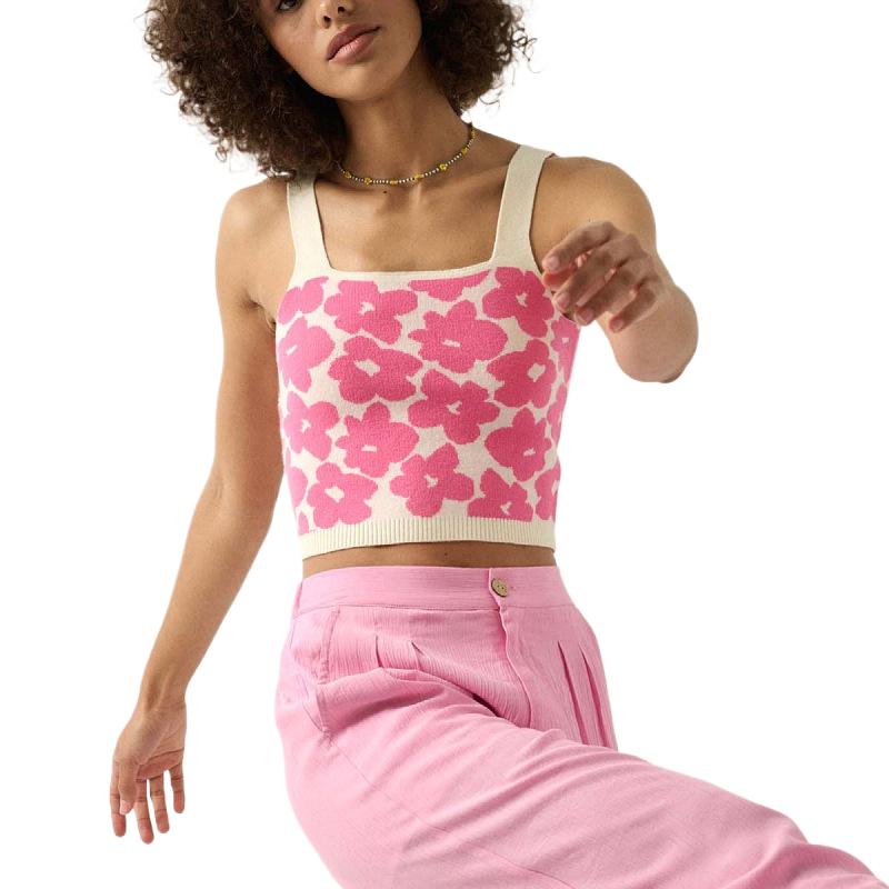 Women's Square Neck Wide Straps Floral Short Vest Sleeveless Flower Decorated Top