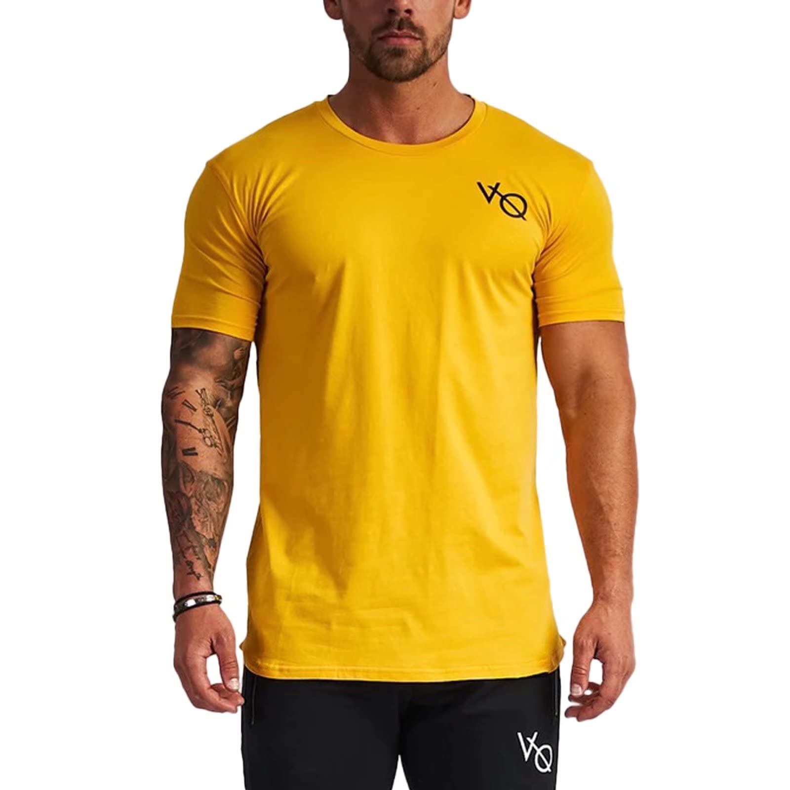 

Jashcnys Men s Gym T-Shirt, Short Sleeve, Stretch, Slim Fit, Workout T-Shirt, DT01, Yellow, Size L
