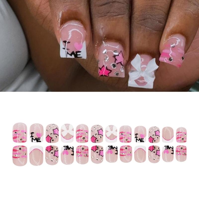 24 Pcs Valentines Day Press On Nail Short Square False Nail 3D Bows Stick On Nail French Tip Artificial Nail