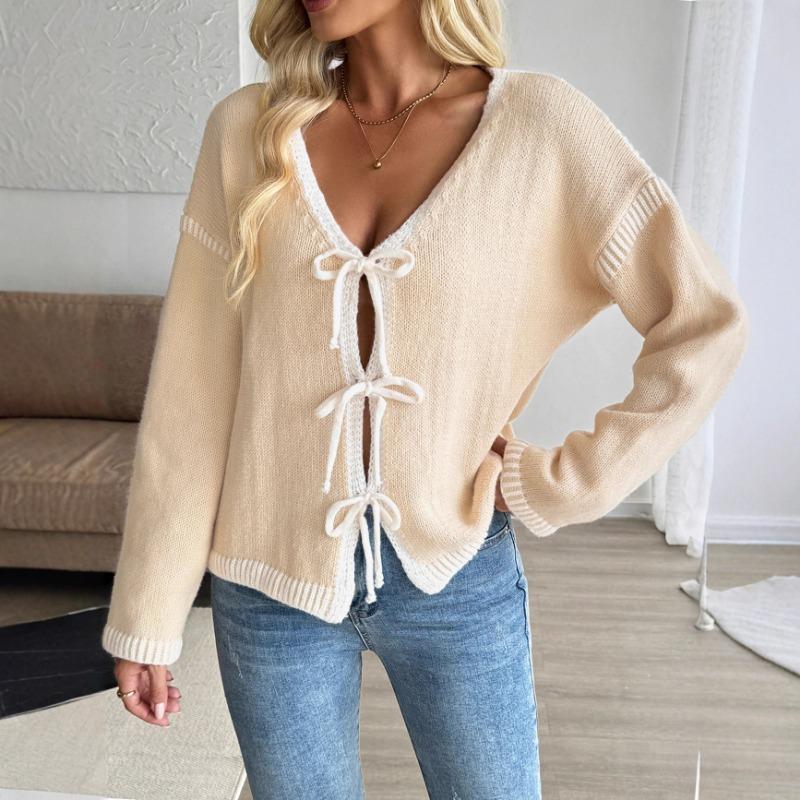 Casual Knitted Cardigan 2025 Autumn New Contrast Color Sweater Jacket for Women