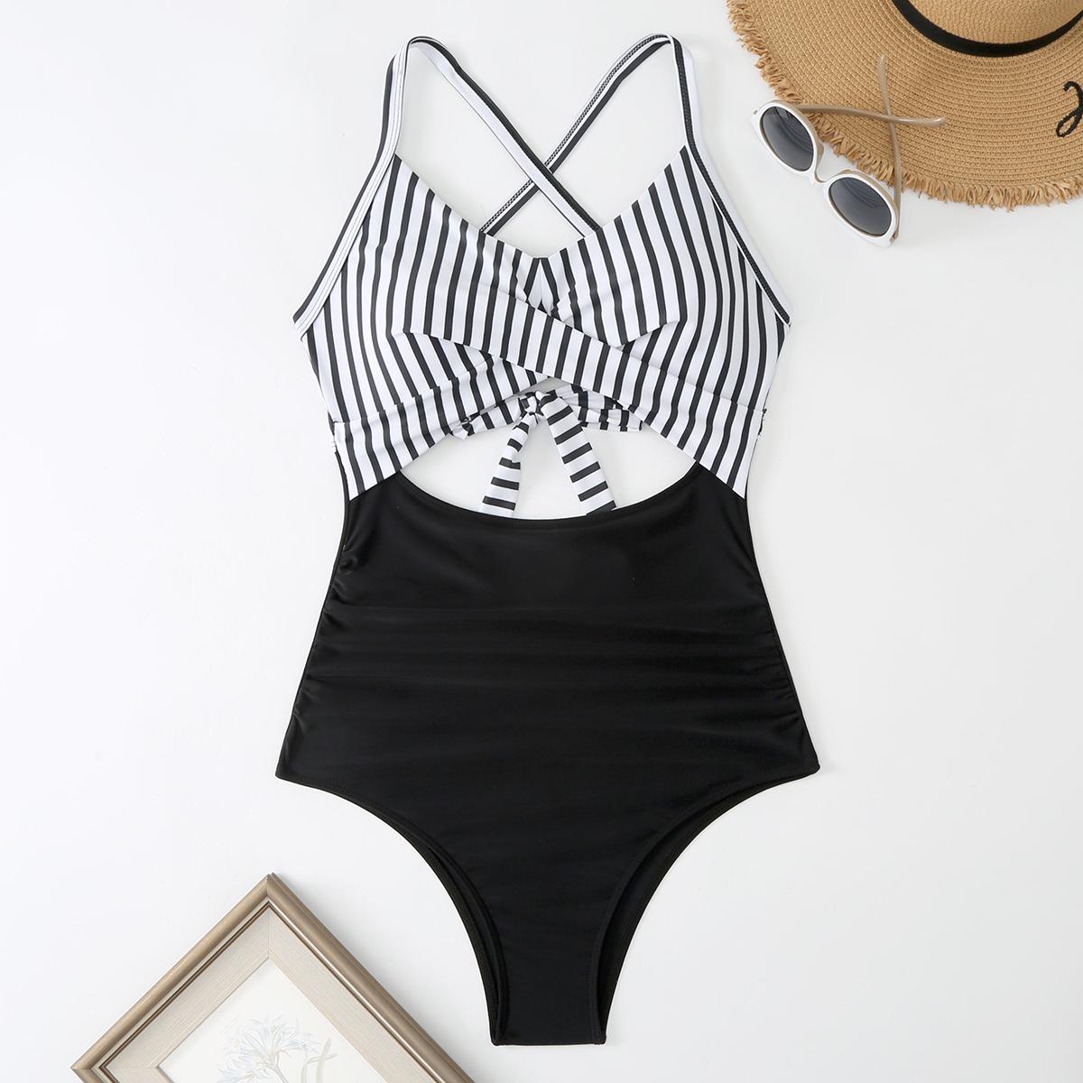 2025 Striped Cut-out Backless Waist-cinching Bikini Swimsuit XL чёрный