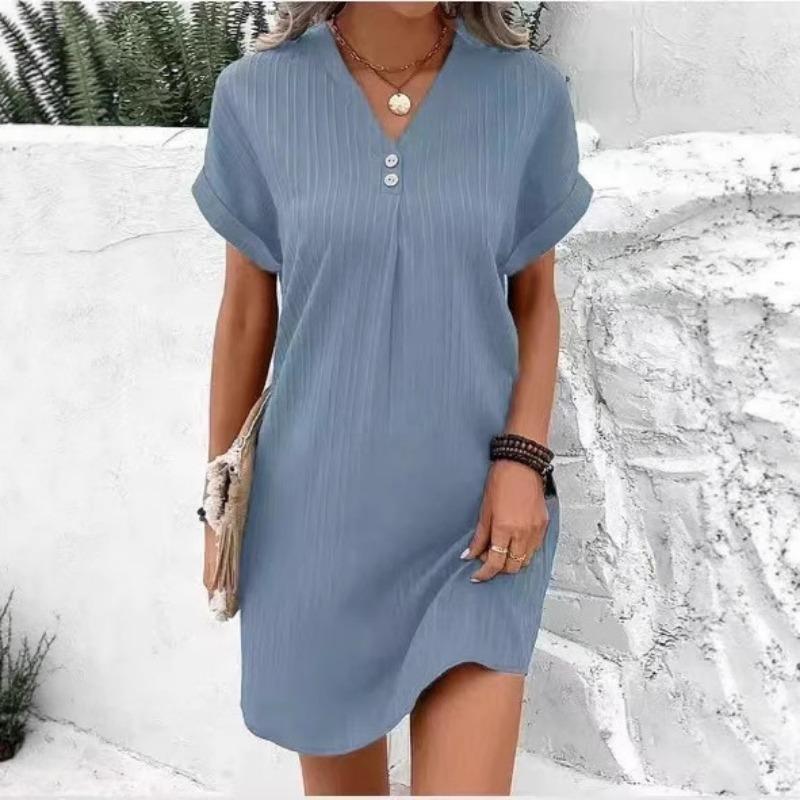 Women's V-neck Solid Color Pullover Casual Button Dress