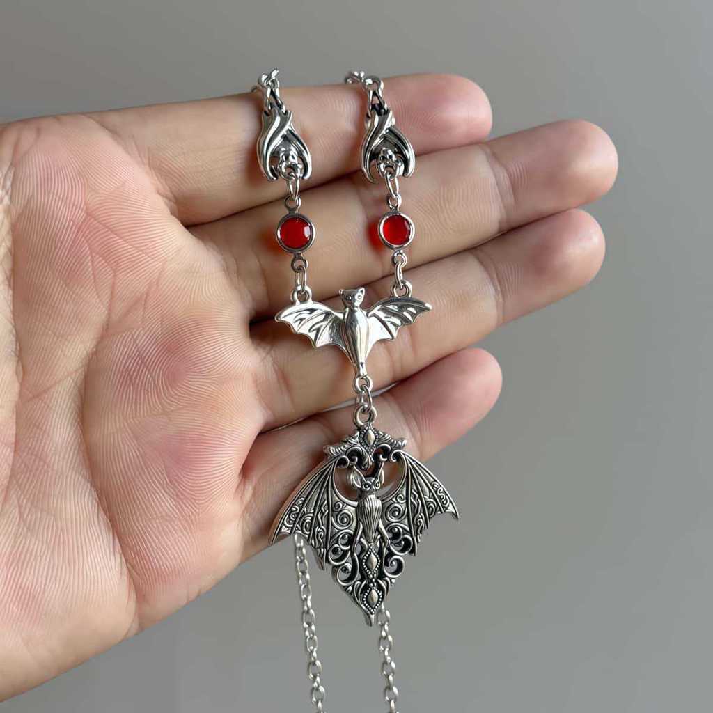 Gothic Bat Pendant Necklace For Women With Alloy Cross Chain Halloween Jewelry