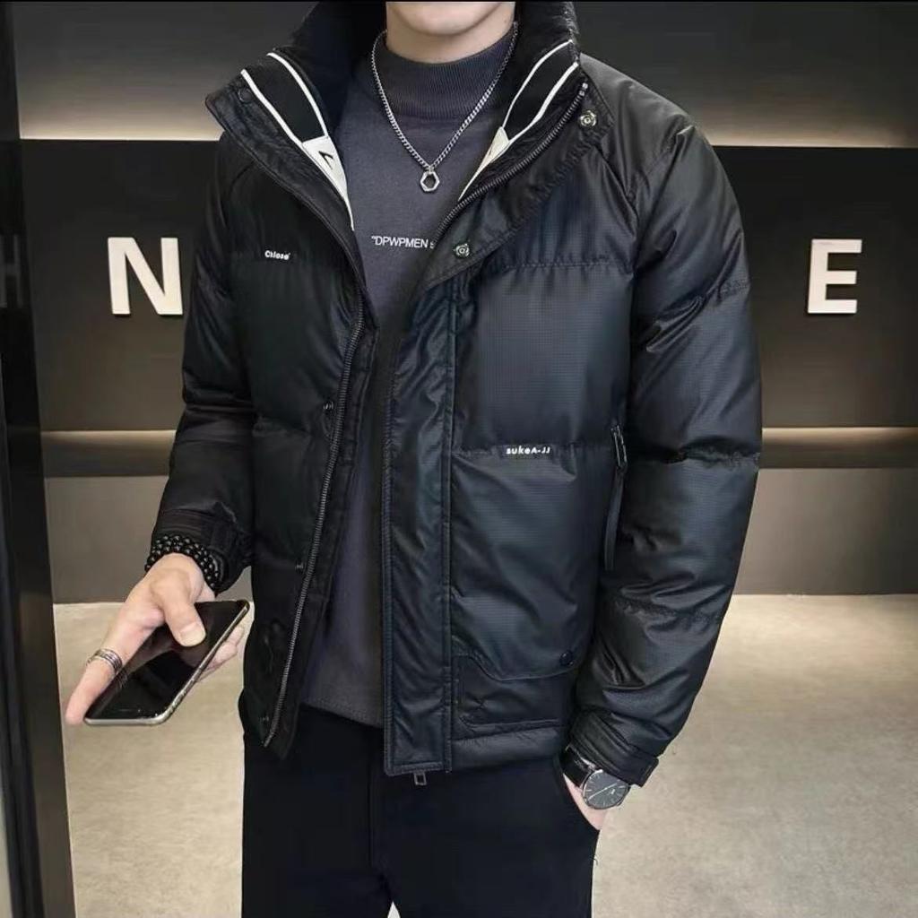 Men's Short Duck Down Jacket for Winter - Stand-Up Collar, Thick and Warm