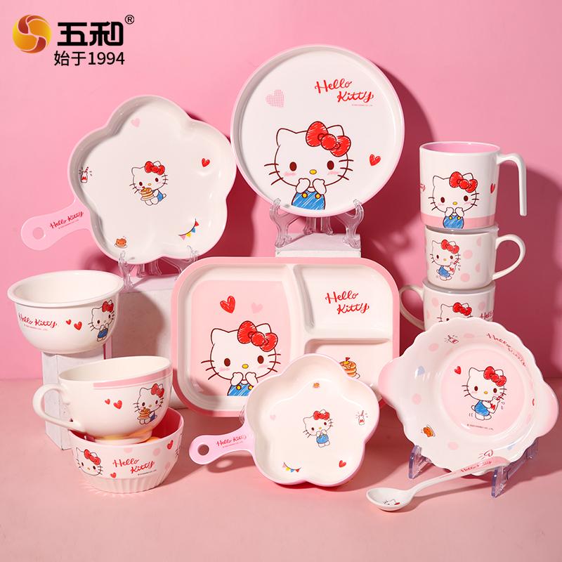 For Sanrio Hello Kitty Tableware Breakfast Rice Bowl Safe and Heat-Resistant Plate Cup Spoon Melamine Tableware for Cutlery Bowl