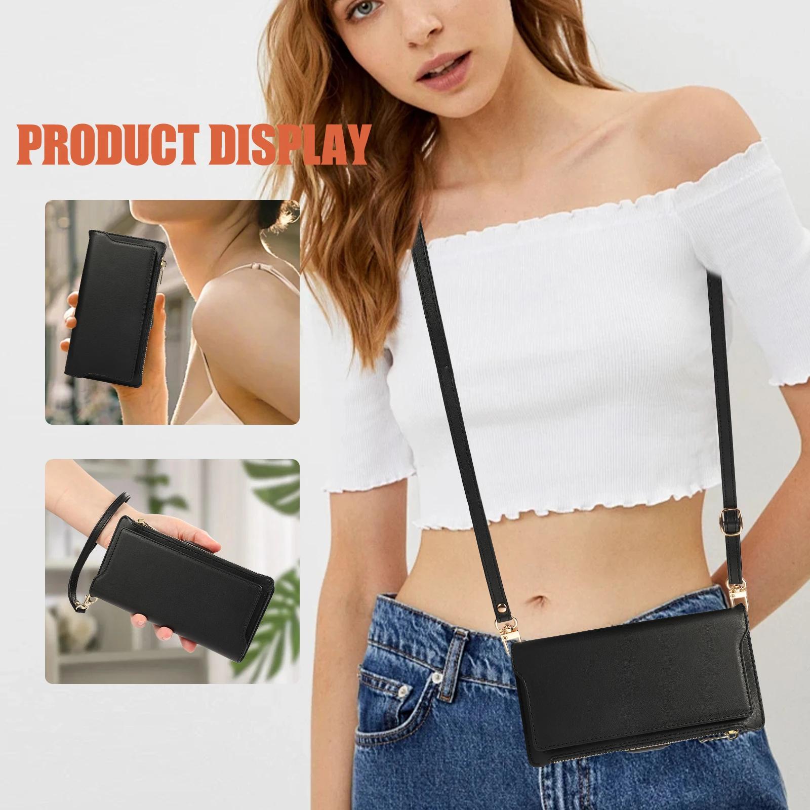 

Crossbody Strap Detachable Leather Case for iPhone 15 Pro Max 16 Plus 14 Pro 13 12 11 Magnetic Zipper Card Wallet Stand Cover For iPhone16 чёрный