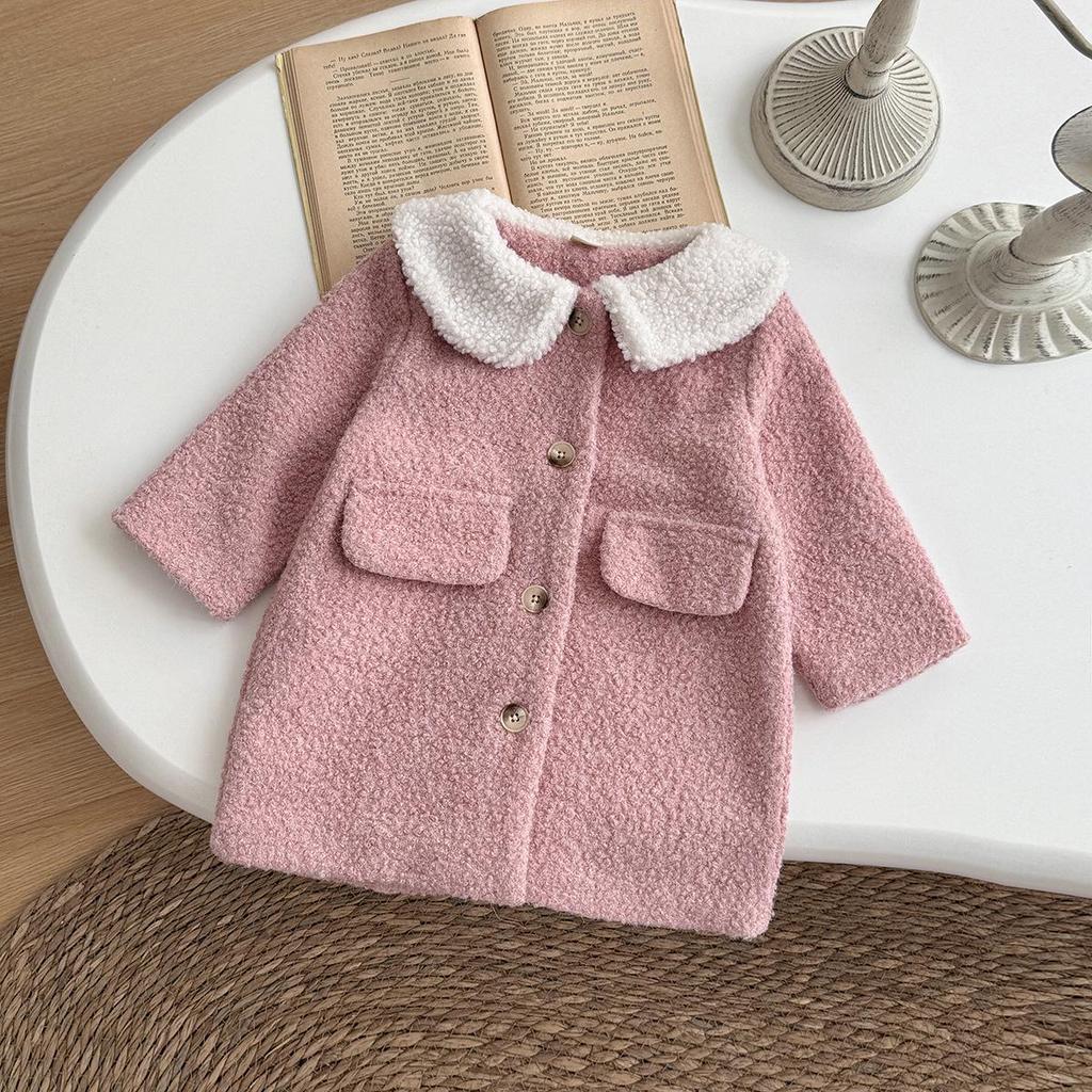 2025 New: Toddler French Chic Pink Wool Coat with White Fur Collar