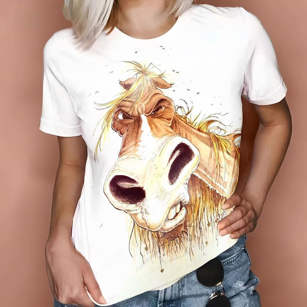 Horse Women's T-Shirts Funny Animal Pattern 3D Print O-Neck Short Sleeve T Shirt Harajuku Top Oversized Y2k Tees Female Clothing