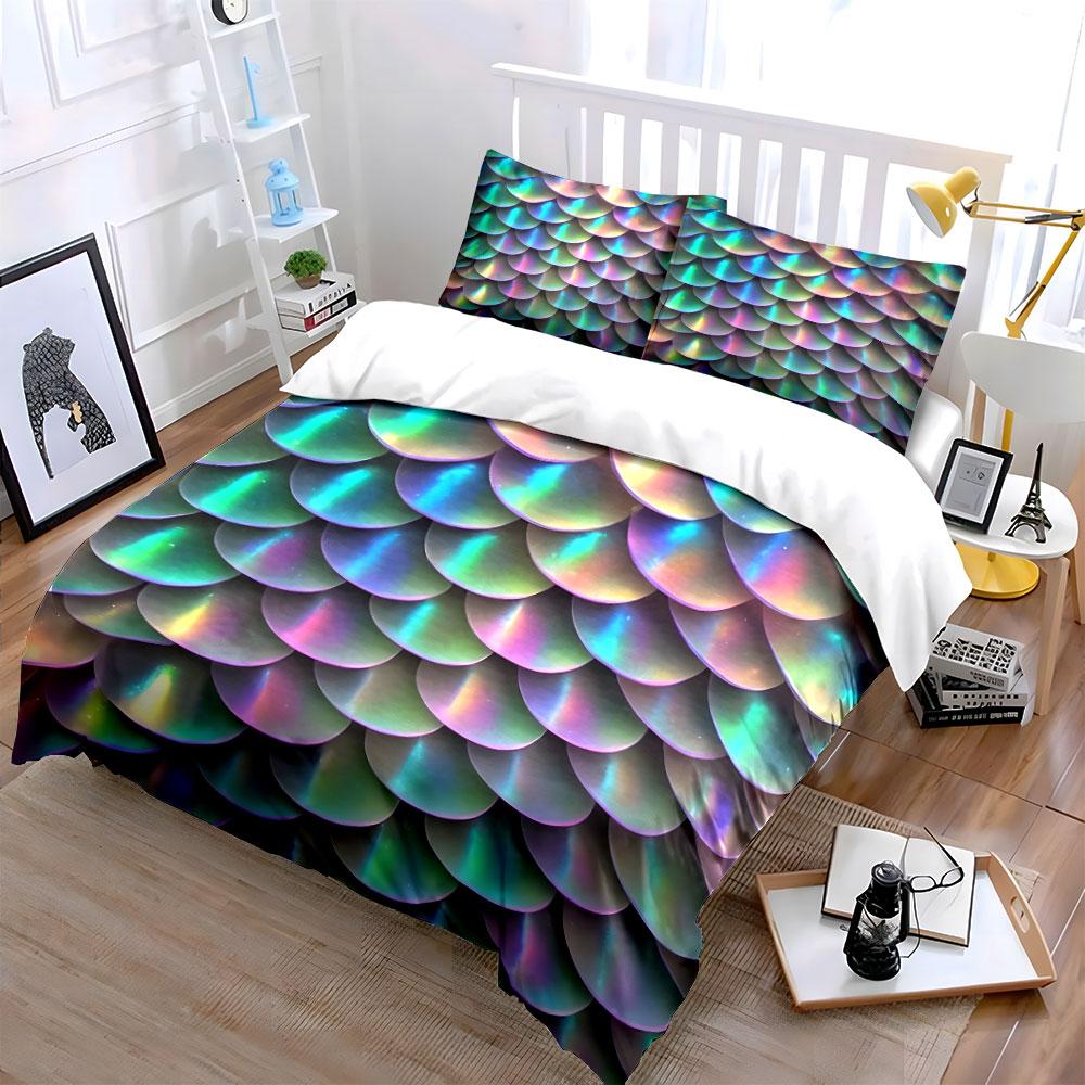 Holographic Mermaid Scales Bedding Duvet Cover Set (1*Duvet Cover 2*Pillowcases, Without Duvet Insert)