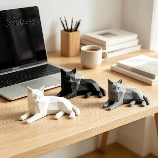 Minimalist Geometric Cat Figurines 3D Printed Figurine, Desktop Sculpture for Lovers, Creative Desk Accessories Women Nordic Style Small Animal Statue