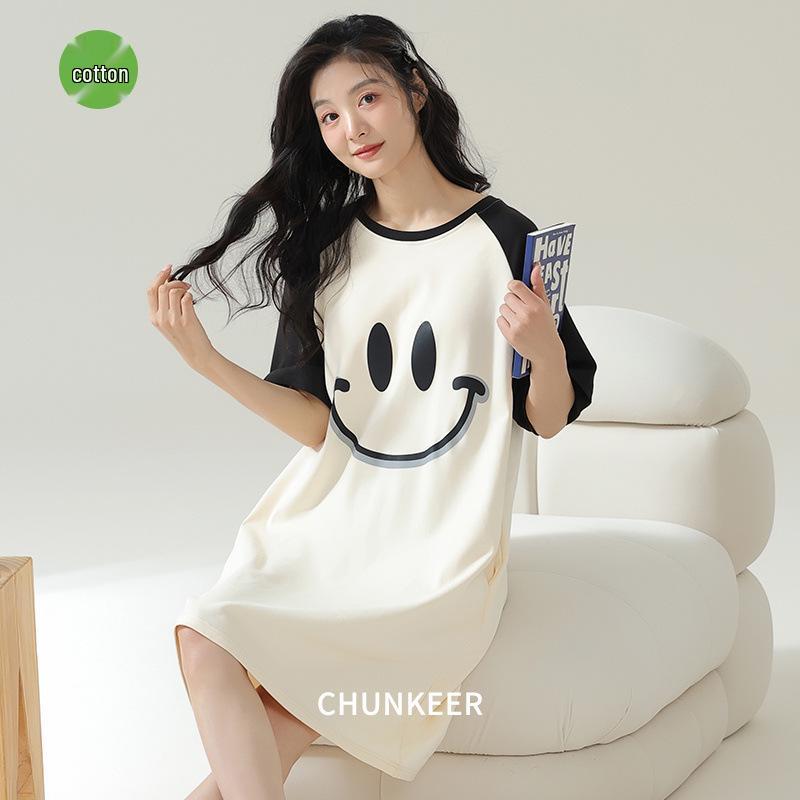 Women's Cartoon Cotton Nightgown with Bra Pads - Short Sleeve, 2024 Summer Style Pajamas