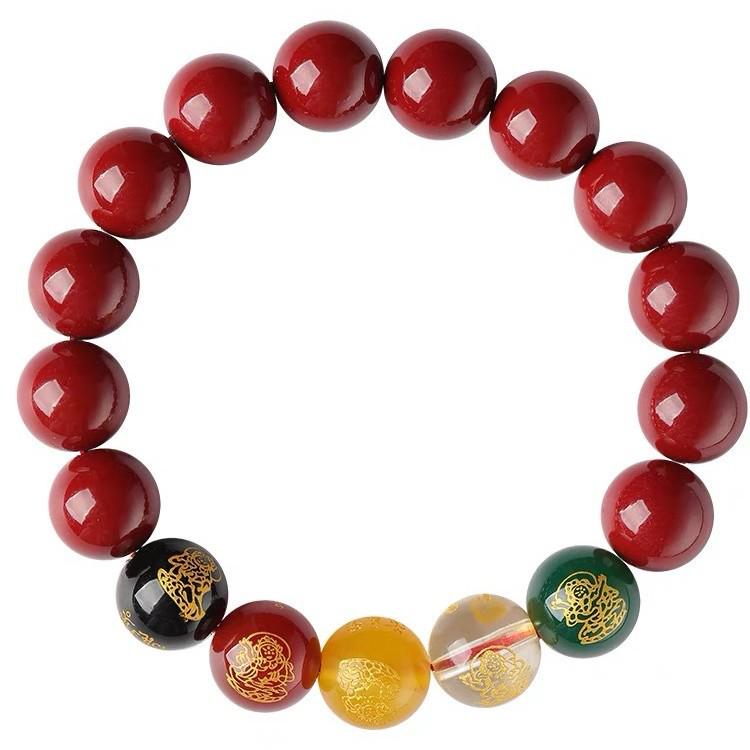 Five Gods of Wealth Cinnabar Lucky Crystal Bracelet for Men and Women - Benming Year Buddhist Beads Jewelry Gift