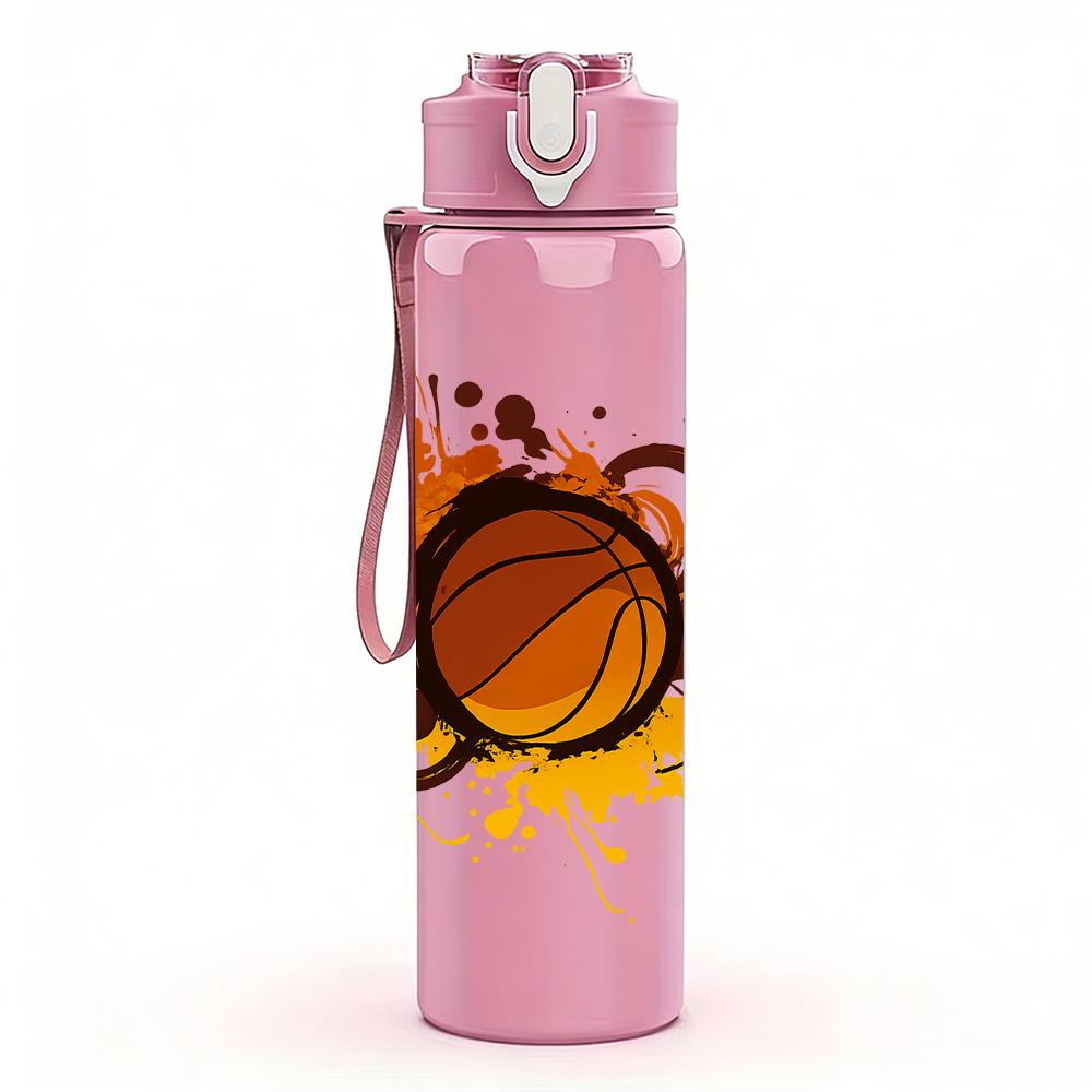 1PC Splashing Orange Basketball Graphic 750ml Color Plastic Sports Water Bottle Leakproof Flip Straw Lid For Sports Office Home Use