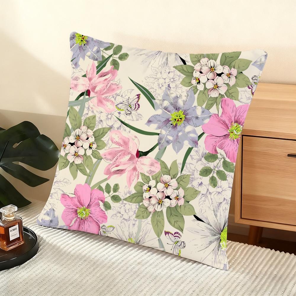 Spring Flower Print Cushion Cover Soft Short Plush Pillow Cover Smooth Cozy Texture Aesthetic Cushion Case Home Decor