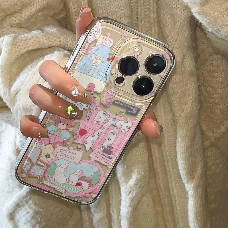 Transparent Space Heart Mushroom Rabbit Phone Case for iPhone 16/15/14/13 Pro Max