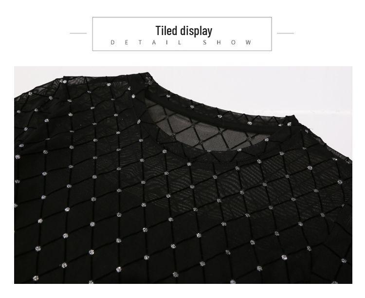 Chic Mesh Long Sleeve Top with Nail Beads & Diamond Accents - Stylish, Slim, and Breathable Women's Autumn Shirt