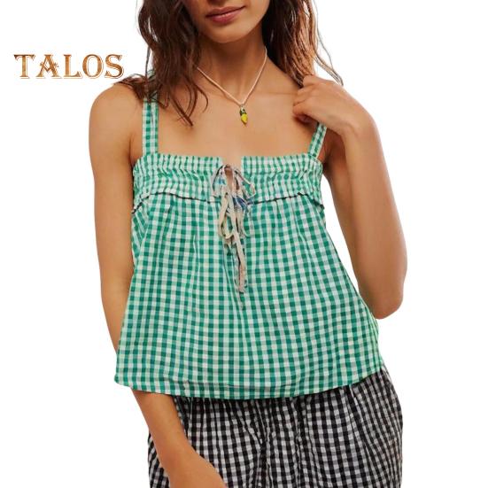 

Сексуальный жилет женский клетчатый принт слинг-топ со шнуровкой свободный крой короткие топы регулируемый жилет с украшением на груди S зелёный