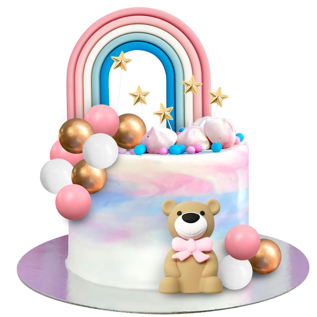 22pcs Pink Bear Cake Decoration Pink White Blue Rainbow Golden Ball Star Cake Top Baby Girl Shower Birthday Cake Decoration