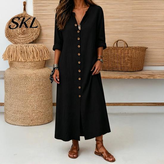 Beach Dress Women Women's Summer Button Down Long Dress, Casual Loose V Retro Style Neck Tunic Roll Up Sleeve Vacation Lounge Outfits Solid Color