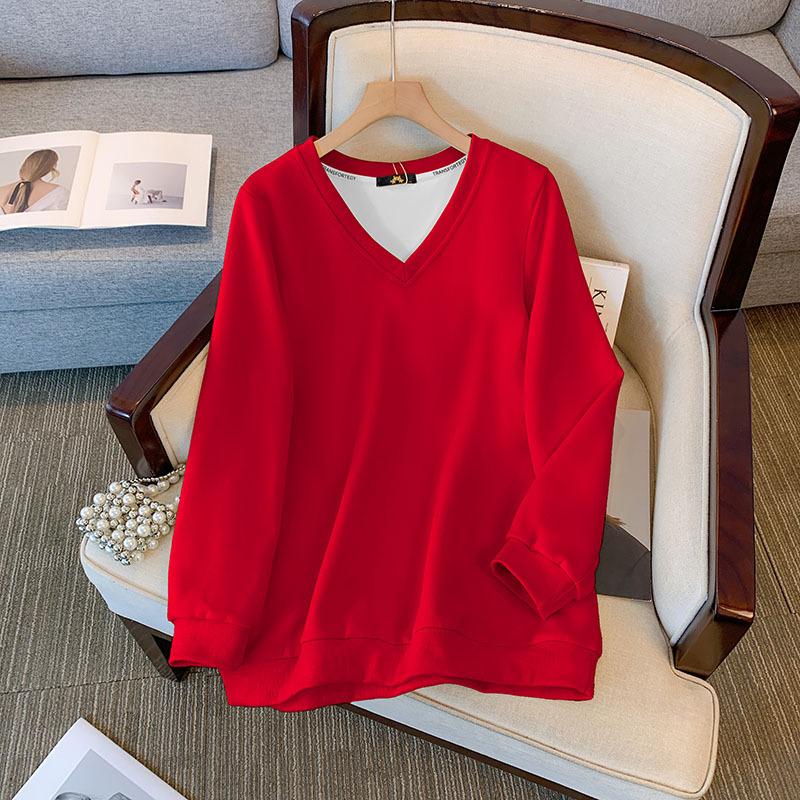 

Женская толстовка больших размеров, однотонная, повседневная, с v-образным вырезом и длинными рукавами, свободная толстовка 4XL красный