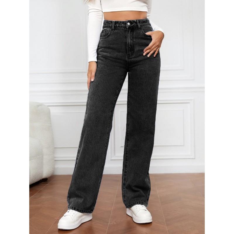 High Waist Wide Leg Straight Cut Jeans Women Loose Fit Cotton Denim Pants Plus Size