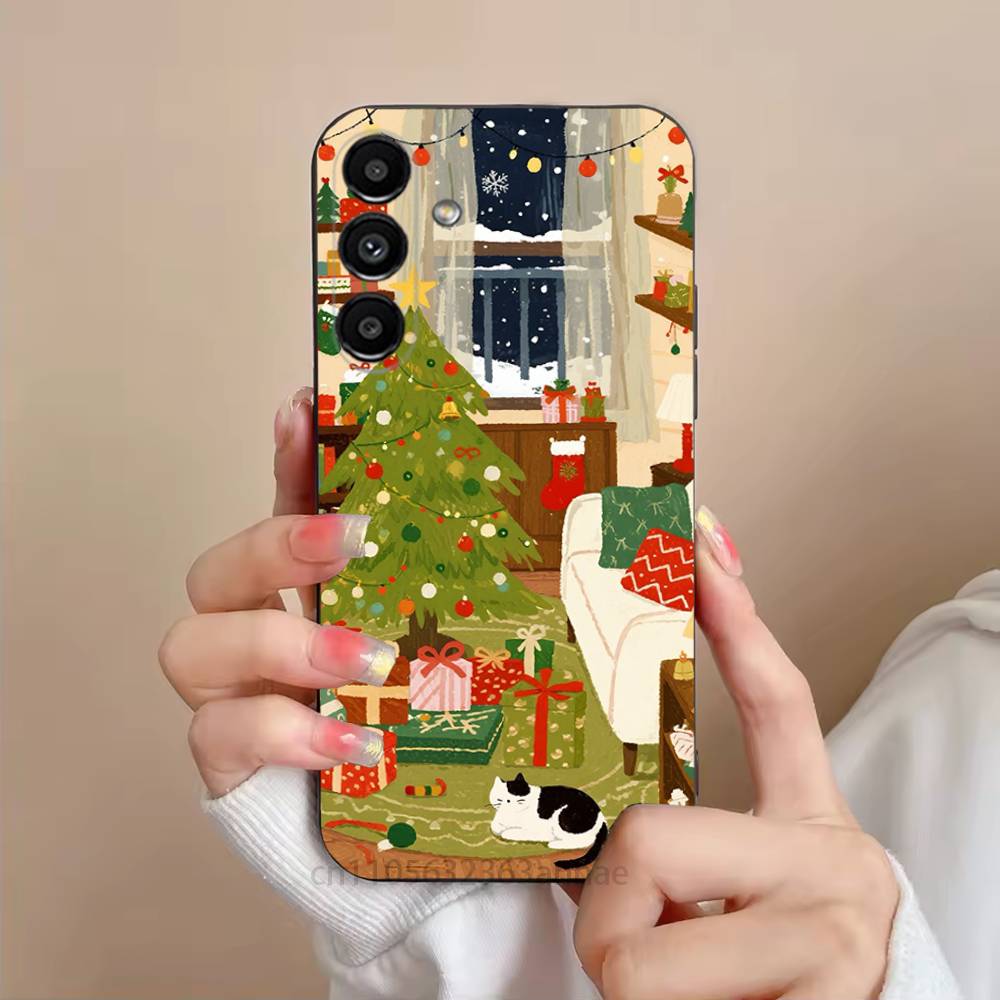 Cartoon Christmas Style Phone Case For Samsung S25,24,23,22,21,S20,Ultra,Plus,FE Black Soft Cover