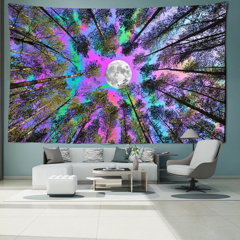 Colorful Moon Forest Tapestry Wall Hanging Abstract Witchcraft Mysterious Night Scene Bedroom Living Room Simple Home Decor