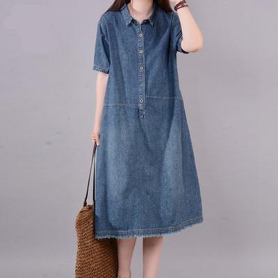 Fashion Denim Shirt Dresses for Women Short Sleeve Casual Baggy Maxi Dress