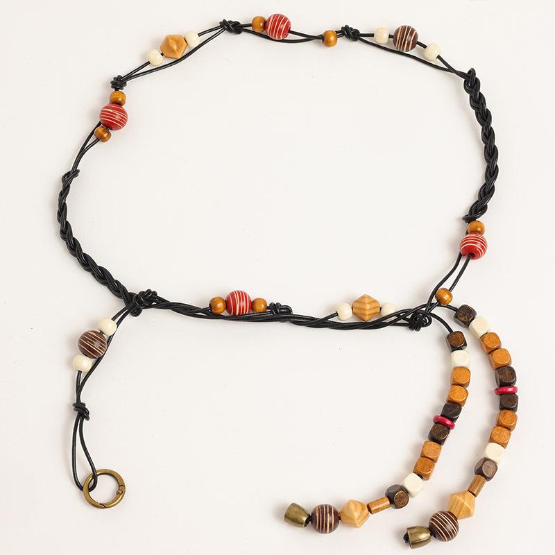 Boho Style Mixed Color Wood Beads Genuine Leather Braided Texture Ethnic Style Handmade Women's Belt Casual Vacation Style Waist Rope