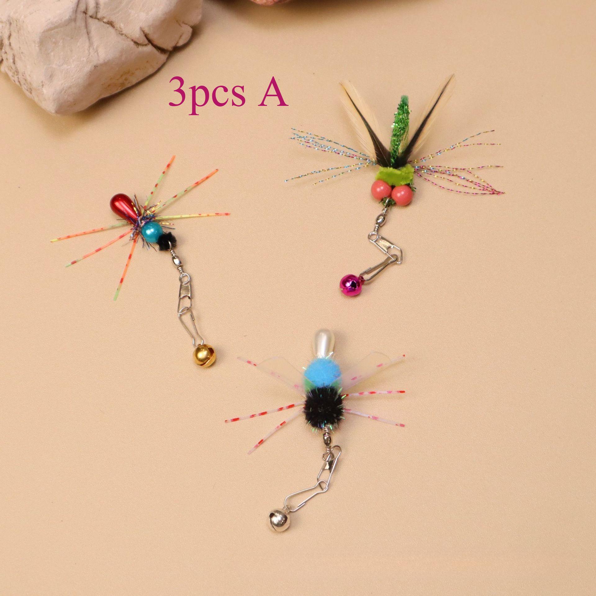3pcs Colorful Simulation Insect Cat Teaser Stick Heads Feather Bee Dragonfly Pet Toy