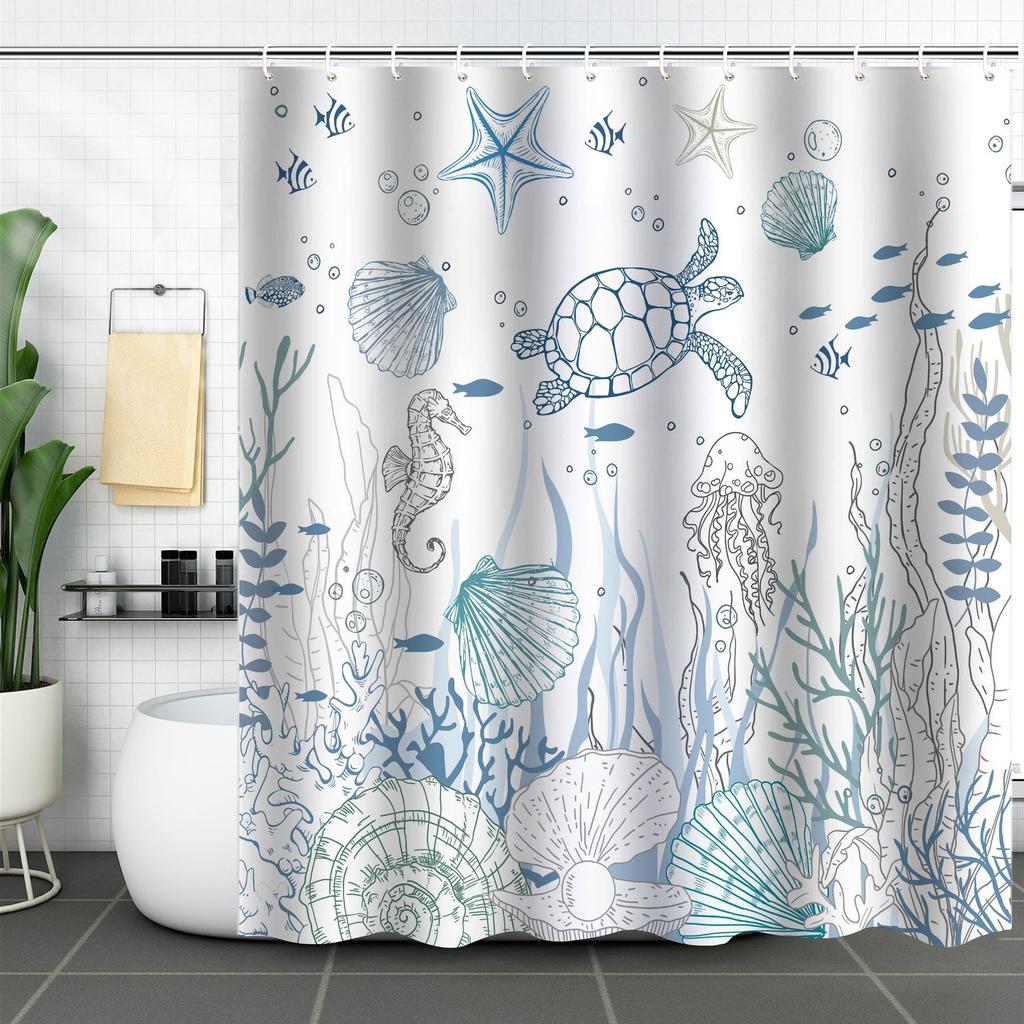 Shower Curtain Waterproof And Mildew-Proof Digital Printing Starfish Shell Shower Curtain Bathroom Partition Curtain Free Punching
