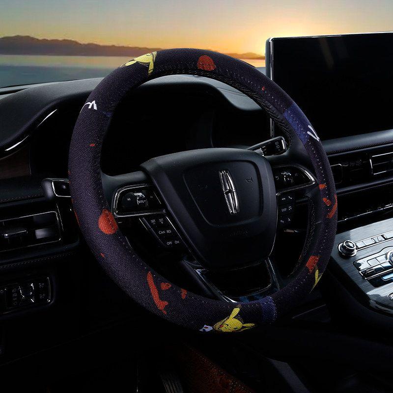 Car Steering Wheel Cover D-Shaped Handlebar Cover Summer Breathable Non-Slip Sweat-Absorbent Linen All-Season Universal Cartoon Cute for Women