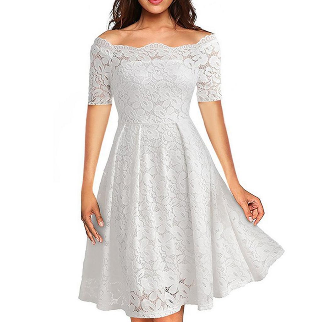 Women's  Casual Fasion Solid Color Strapless Hollow Out Short-sleeve Waist A-line Big Swing Lace With  Dress
