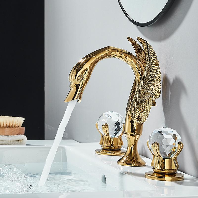 Wanmivezlo Gold Swan Basin Faucet Luxury Deck Mounted Dual Crystal Handle Bathroom Mixer Tap Cold and Hot Water Mixer Faucet