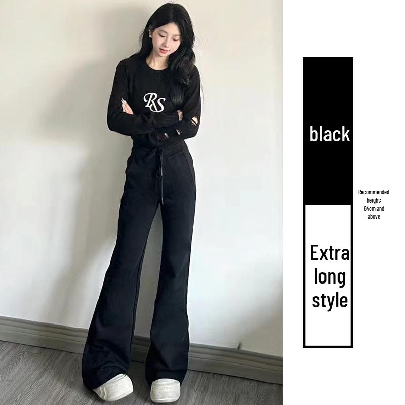 2024 Women's High Waist Gray Sport Flare Pants - Slimming American Style Casual Draping Horseshoe Long Pants