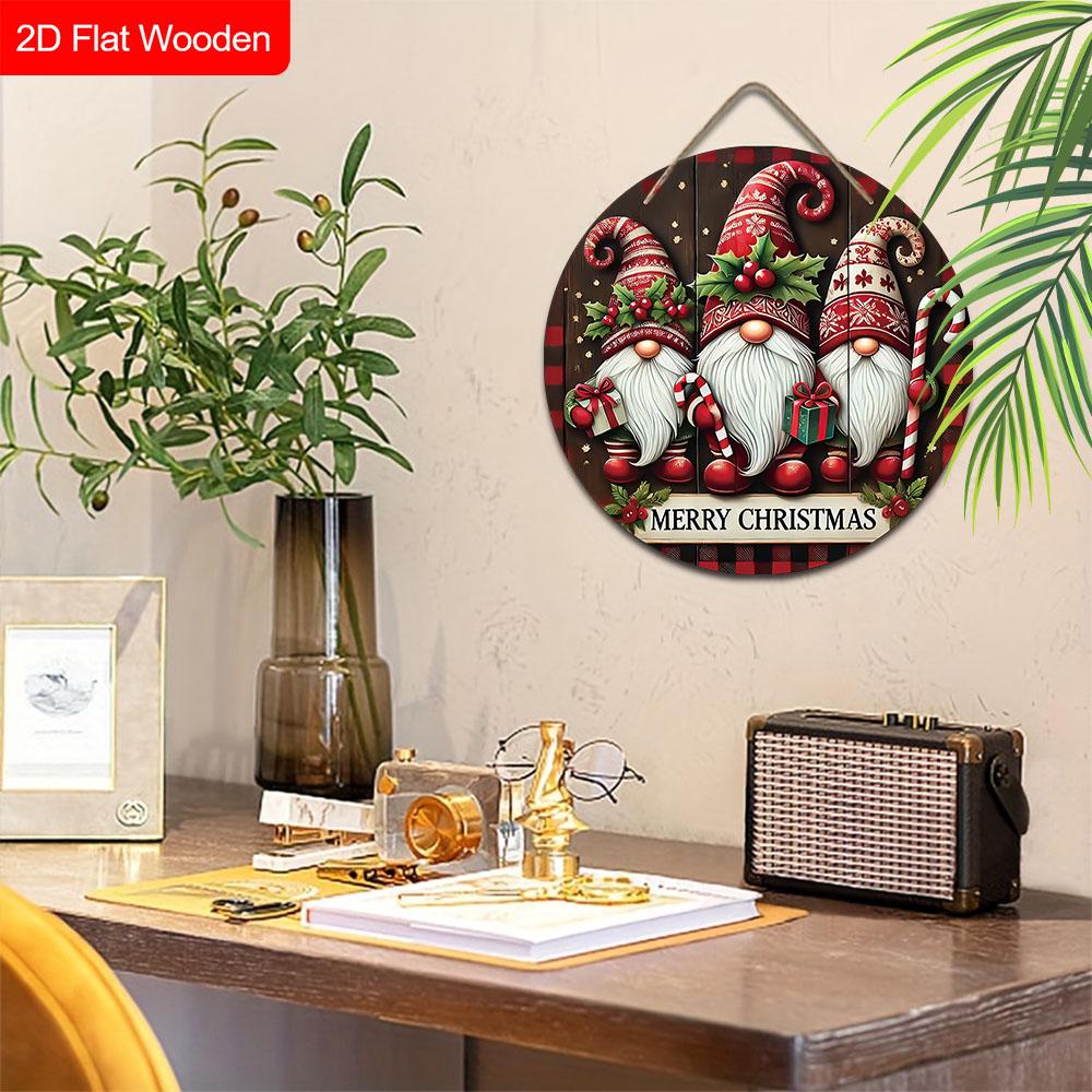 Merry Christmas Wooden Sign with Gnomes Pattern - Navidad Round Sign for Front Door, Yard, Balcony Decor - Ideal Christmas Gift